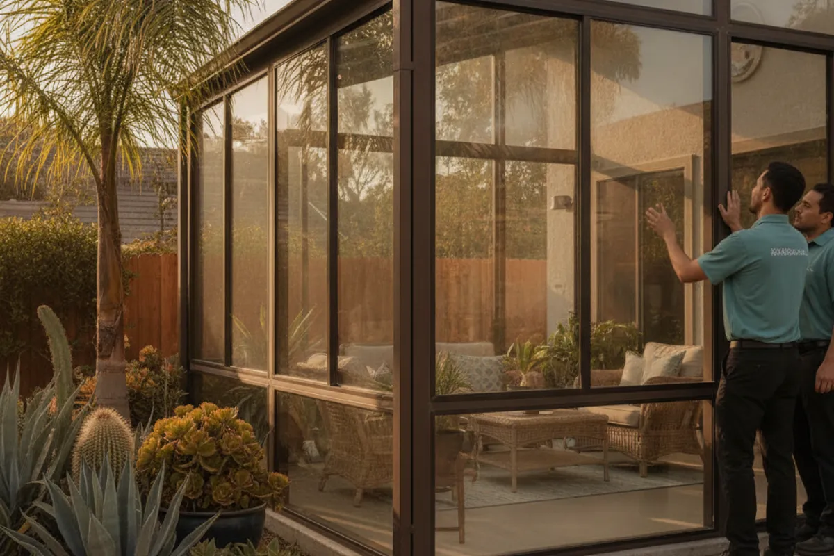 Close-up of insulated low-E glass panels on a San Diego sunroom with bright afternoon sunlight
