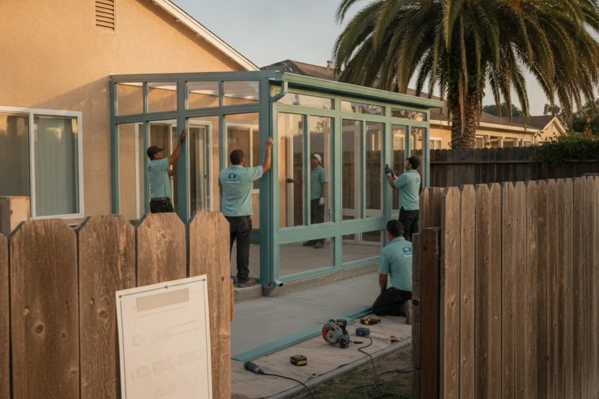 A San Diego building department permit placard posted on a sunroom construction site