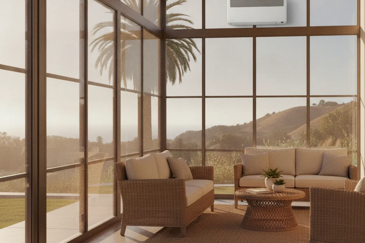 A mini-split unit mounted on the wall of a glass sunroom in San Diego with a landscaped backyard visible through the windows