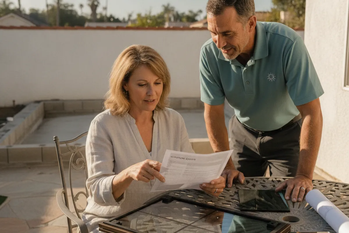 A sunroom contractor reviewing plans with a San Diego homeowner outside their home