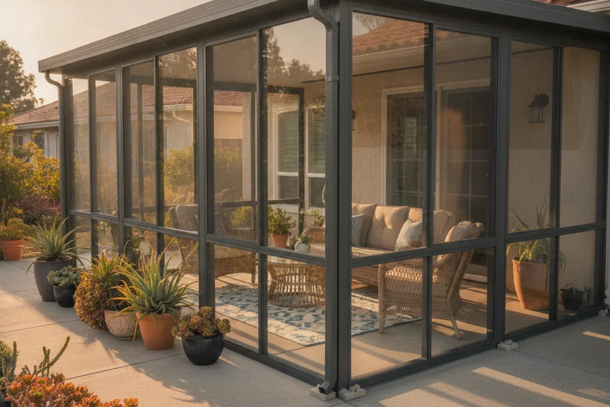 A screened patio enclosure on the left and a glass sunroom addition on the right of San Diego homes
