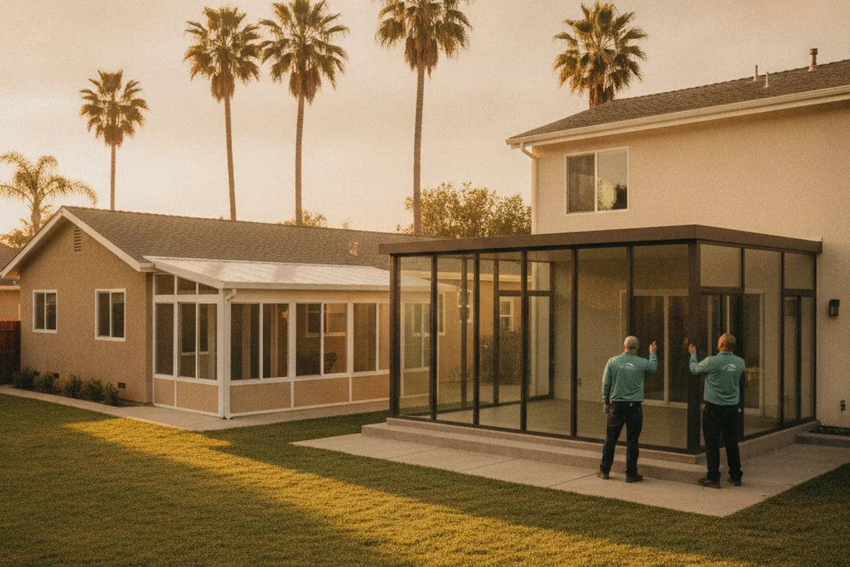 A prefab aluminum-frame sunroom on the left and a custom wood-framed glass addition on the right, both on San Diego homes