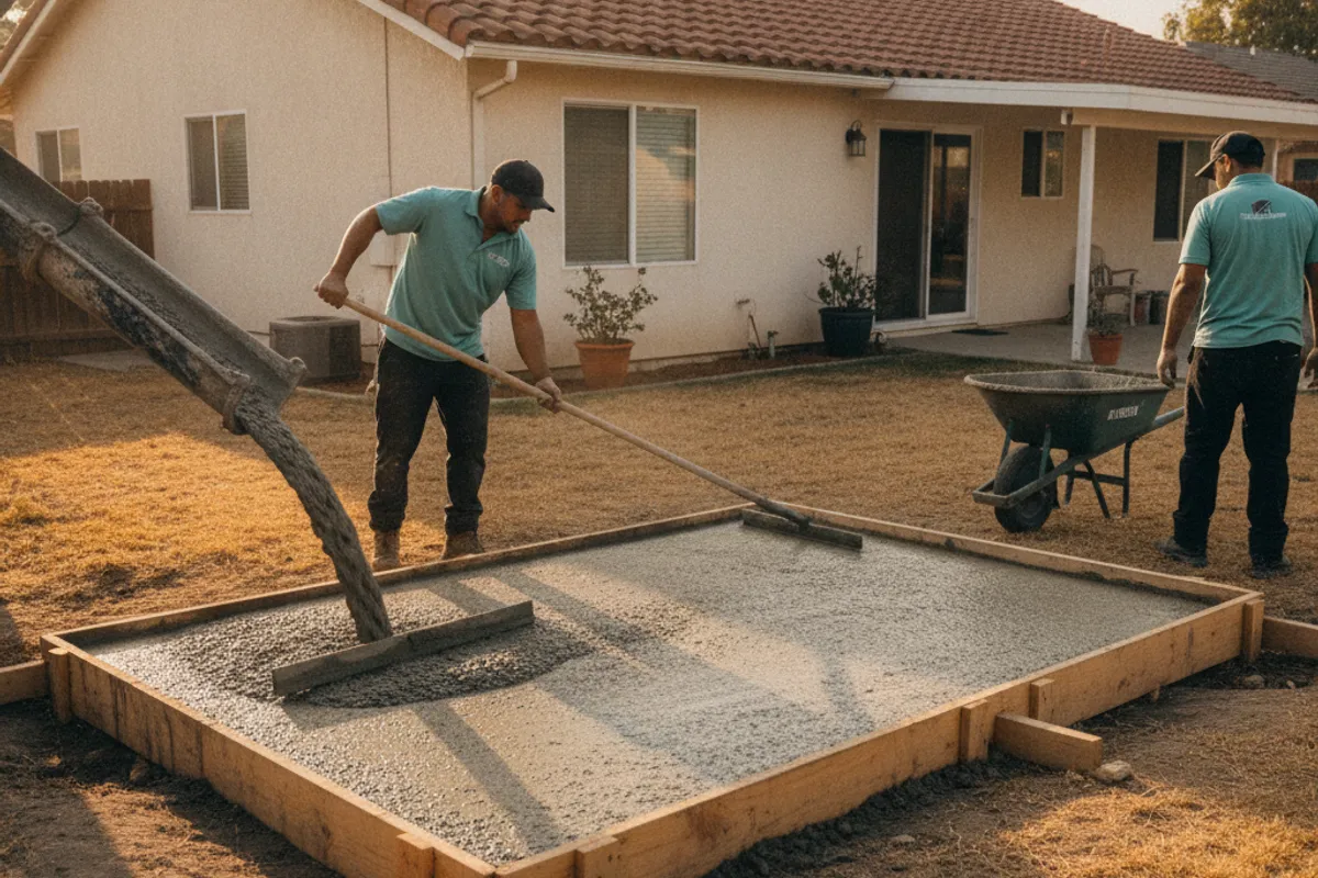 A concrete slab foundation being poured for a sunroom addition in a San Diego backyard