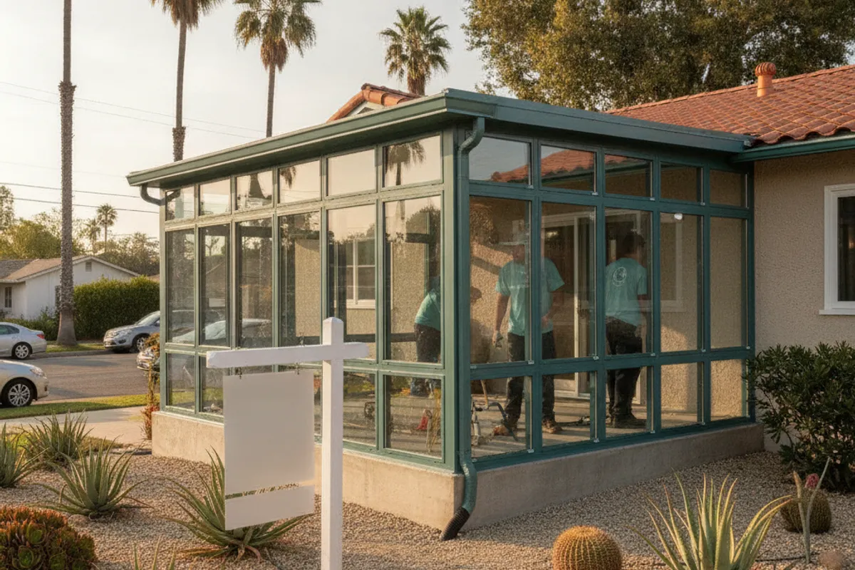 A well-appointed glass sunroom connected to a San Diego home with a backyard view and natural light