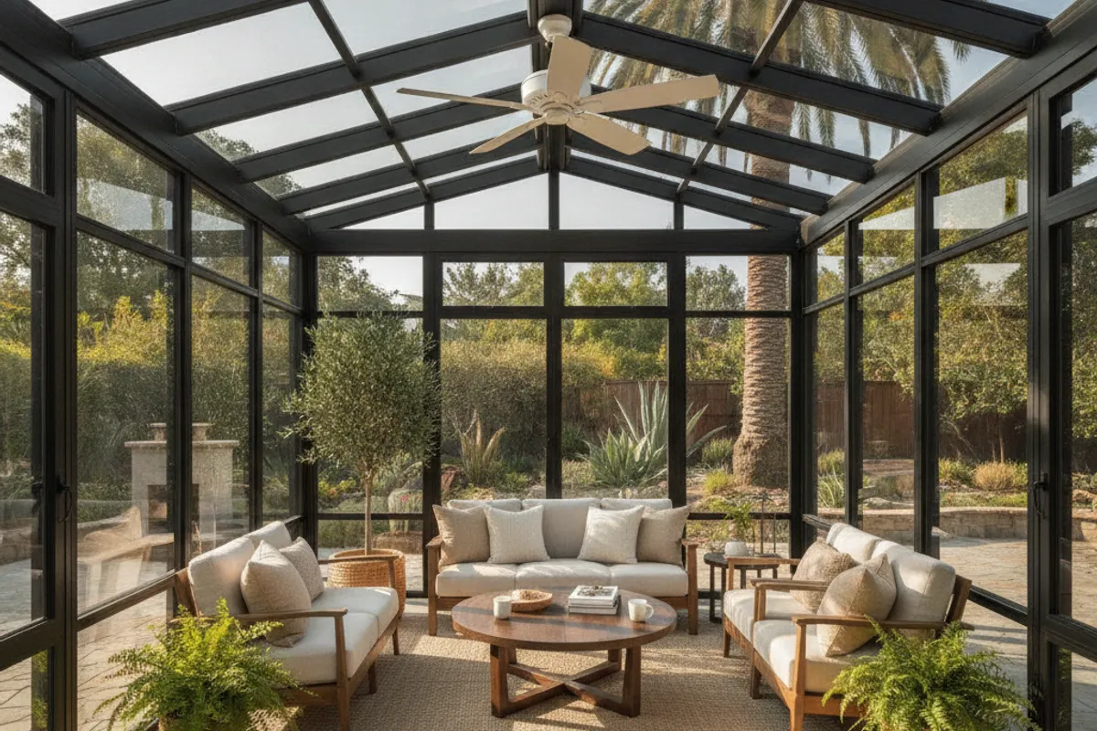 Side-by-side view of a screened three-season porch and a fully glazed four-season sunroom on San Diego homes