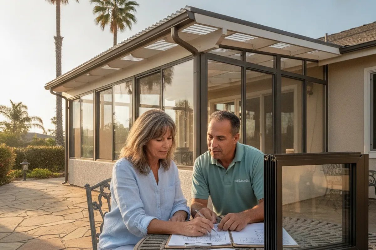 Homeowner and a sunroom crew foreman reviewing addition plans on a San Diego County residential patio.