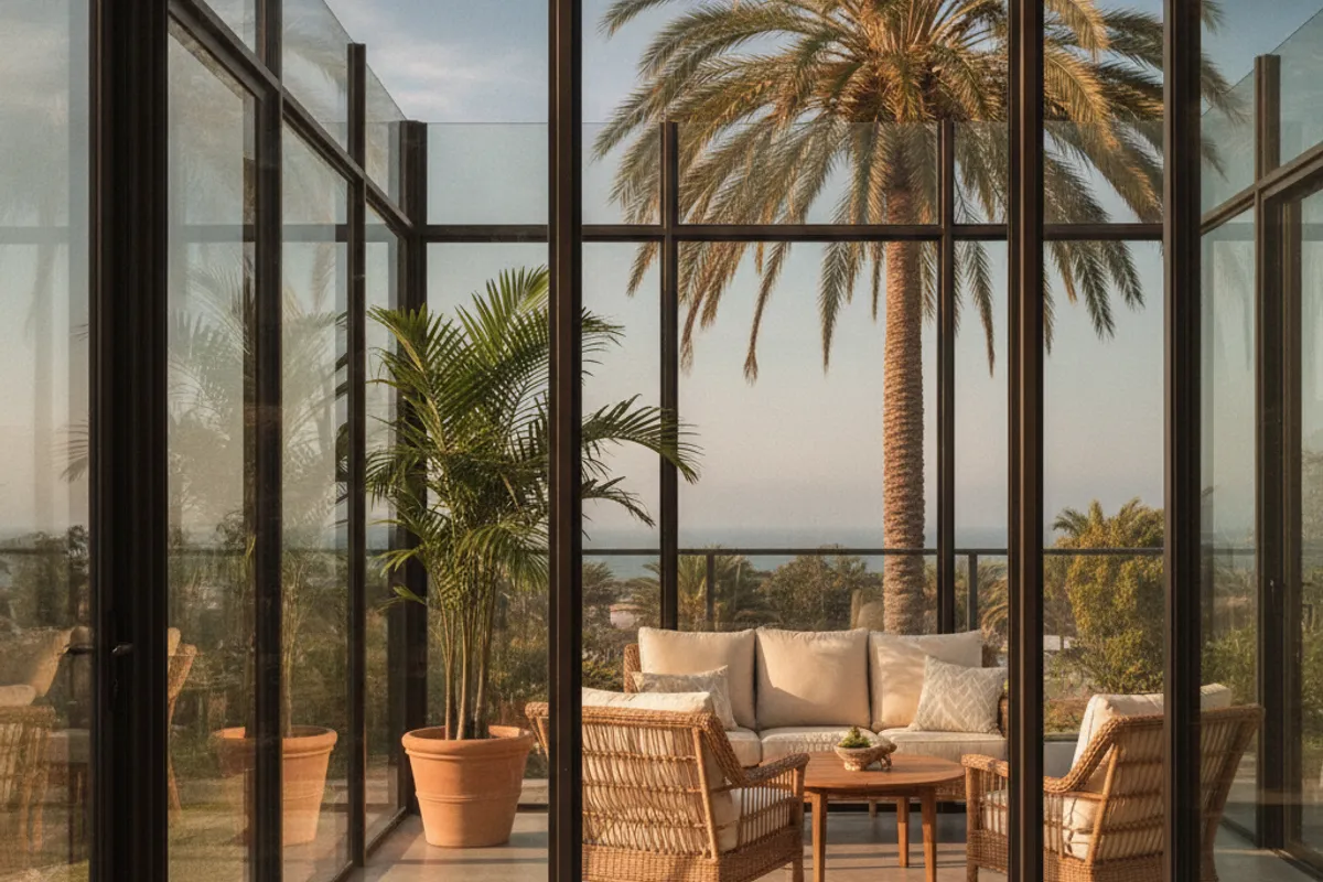 Interior view of a completed glass sunroom with natural light flooding through floor-to-ceiling panels in a San Diego County home.