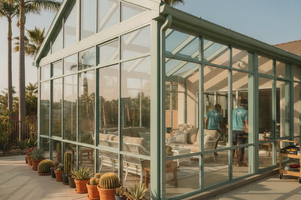Crew installing floor-to-ceiling glass panels on a sunroom addition at a San Diego County residential property with coastal views.