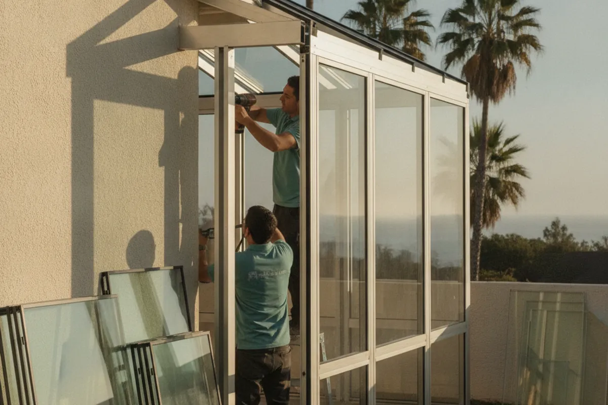 Newly completed glass sunroom addition with vaulted ceiling panels on a San Diego County residential property.
