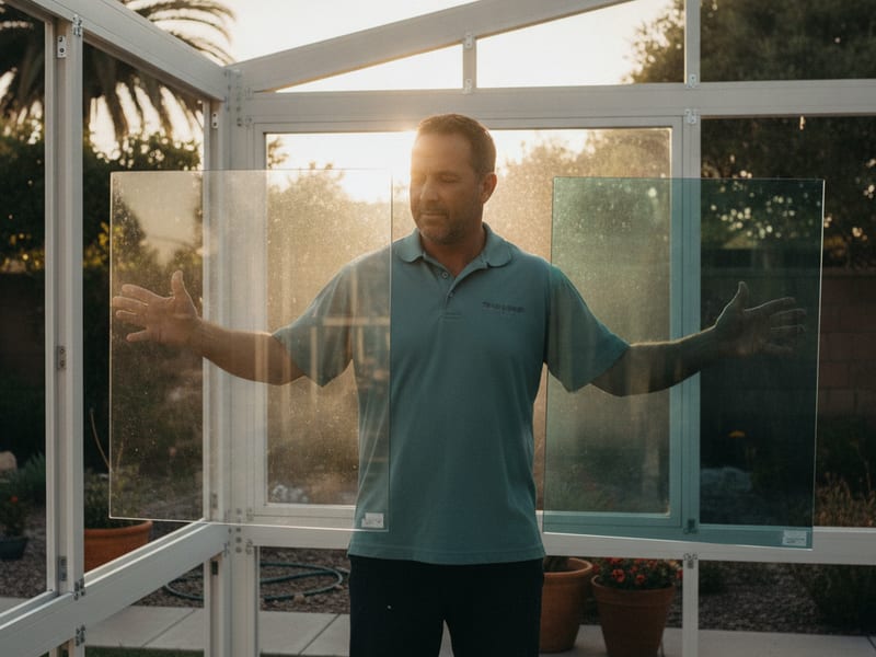 Homeowner cleaning sunroom glass panels with a squeegee on a San Diego patio