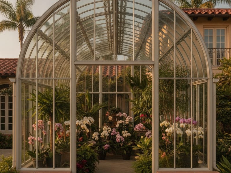 Traditional Victorian-style conservatory with ridge roof and full glass walls on a San Diego County property