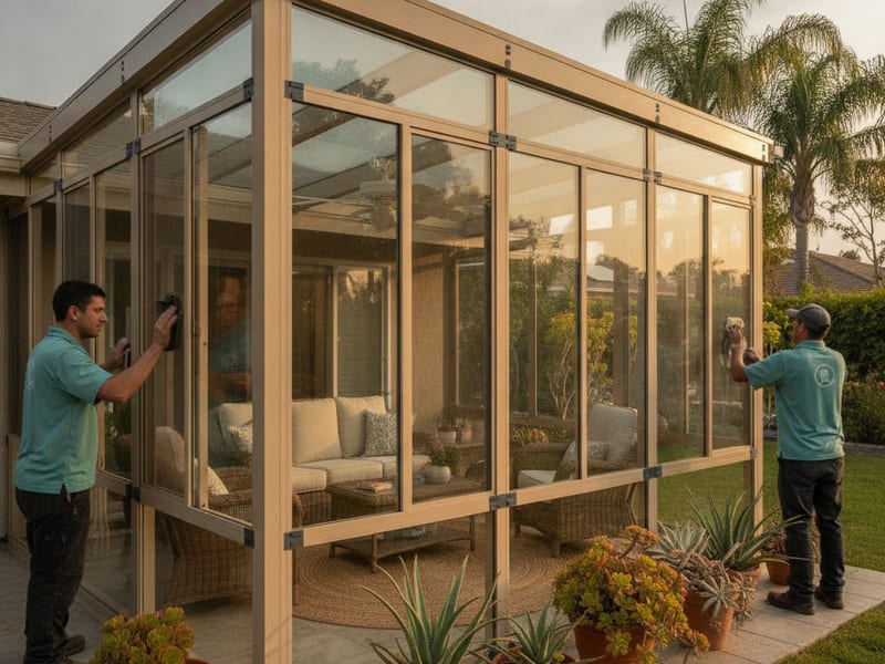 Four-season glass sunroom addition with vaulted ceiling panels on a San Diego County residential property