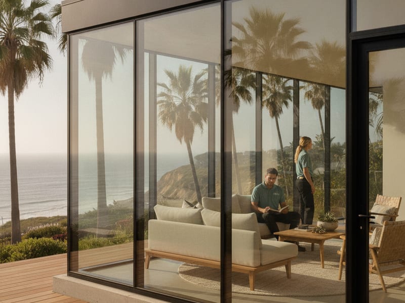 Floor-to-ceiling glass sunroom with frameless glazing and canyon views at a San Diego County home
