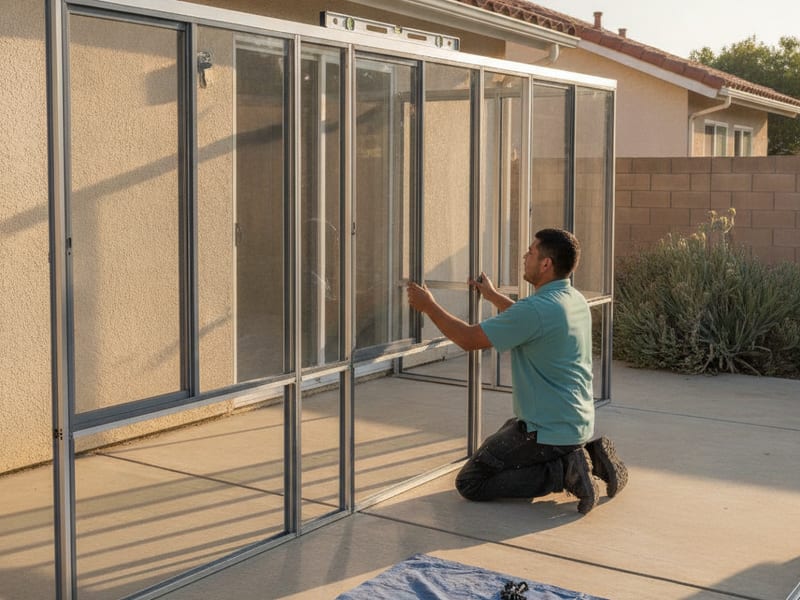 Prefabricated sunroom kit being assembled by a crew on a concrete patio slab at a San Diego County home