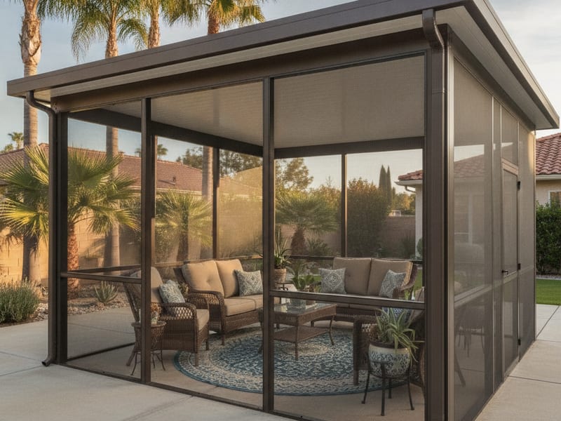 Aluminum-framed screen room enclosure on a San Diego County backyard patio with open desert views