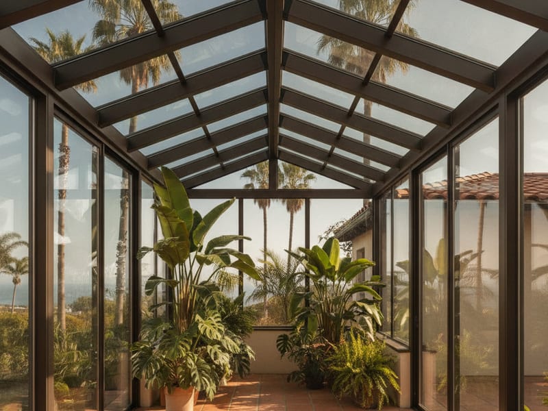 Glass-roof solarium with full-height glazed walls filled with natural light in a San Diego County home