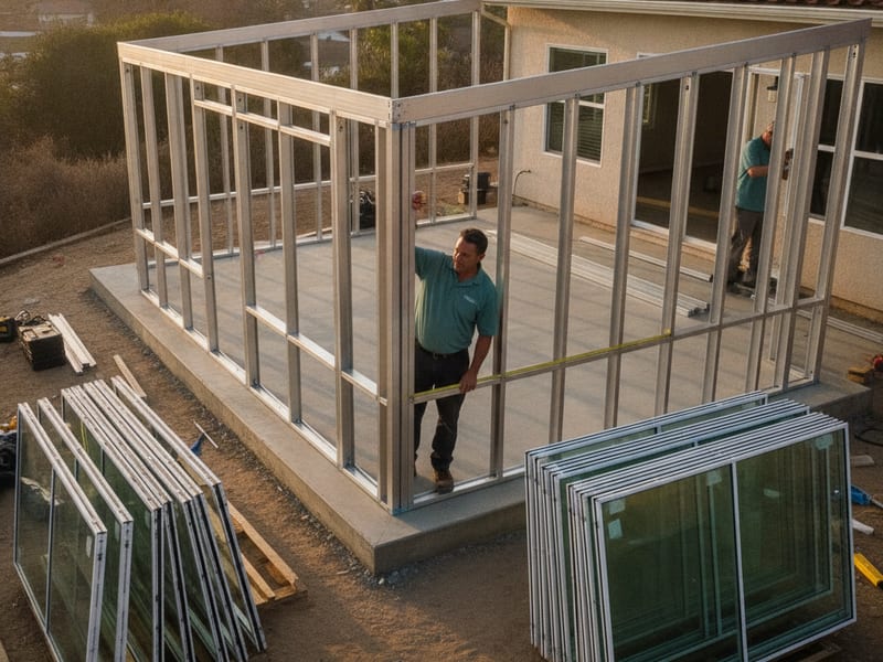 New sunroom addition under construction with framed walls and roof structure on a San Diego County residential property