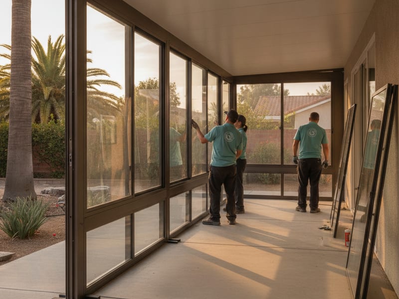 Attached garage being converted to a glazed sunroom with new window openings at a San Diego County property