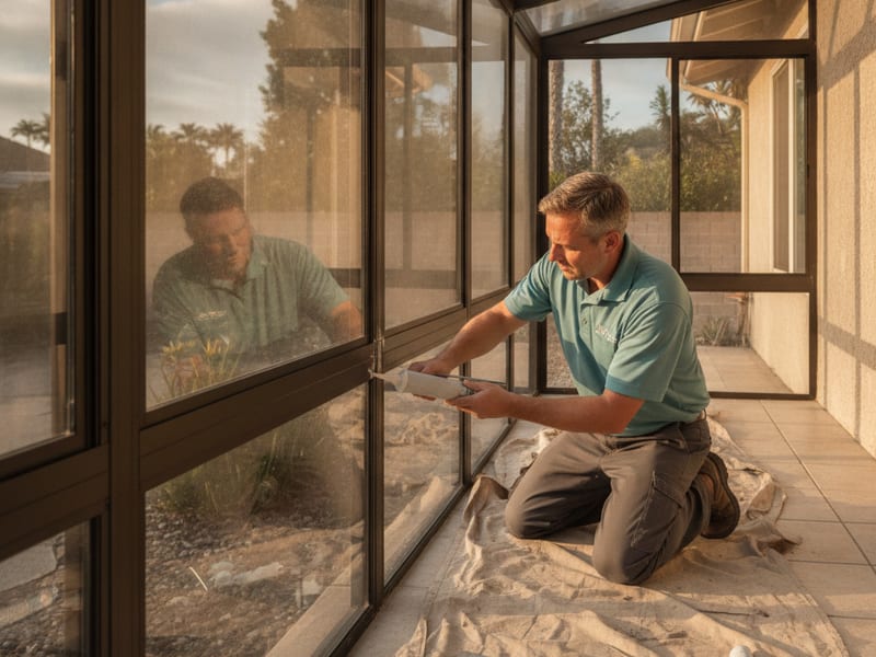 Crew inspecting a leaking sunroom roof panel seal at a San Diego County residential addition