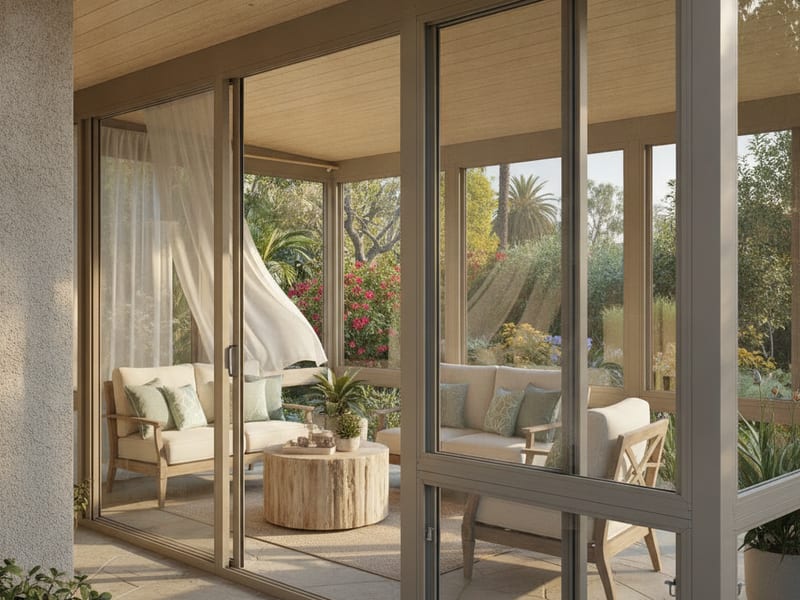 Three-season vinyl-glazed sunroom enclosure with open panels on a San Diego County residential patio
